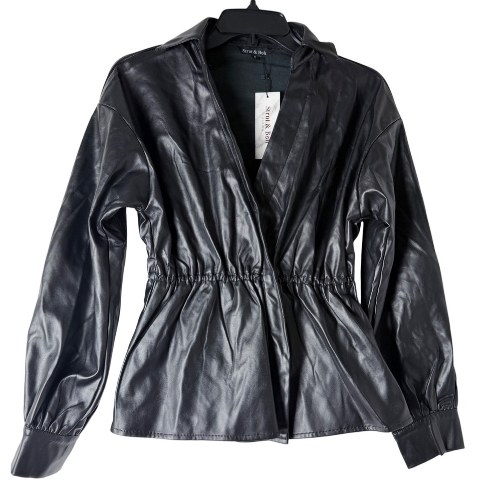 Strut & Bolt Faux Leather Jacket Women Small Black Cinched Waist Bishop Goth NWT